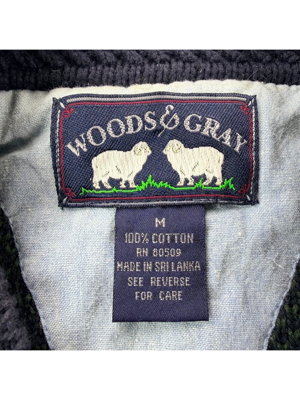 Vintage Woods & Gray Mens M Plaid Sweater Navy Green Cotton Knit 90s Grandpa - Picture 4 of 10